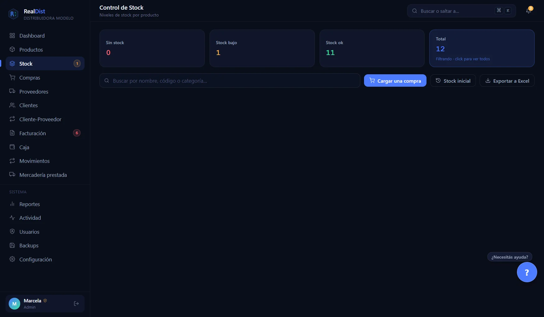 Pantalla de Stock en RealDist: cantidad, mínimo y aviso de stock bajo por producto