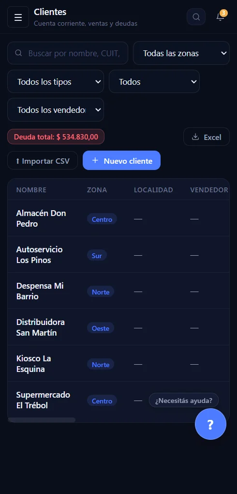 RealDist en el celular: lista de clientes con zona y deuda