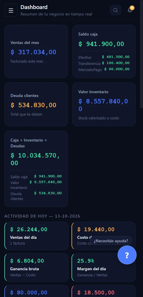 RealDist en el celular: pantalla de inicio con ventas del mes, saldo de caja y deuda de clientes
