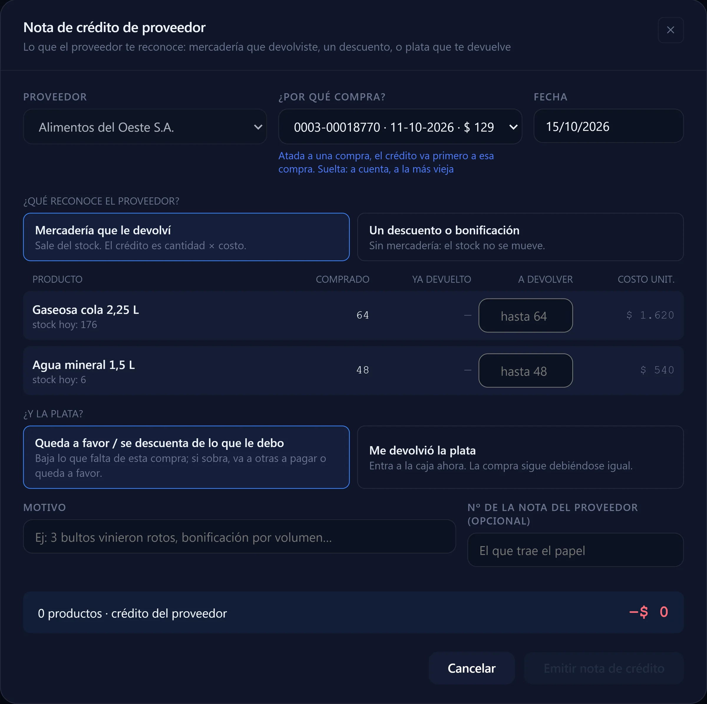 Nota de crédito de proveedor en RealDist: mercadería devuelta, descuento o plata que el proveedor devuelve