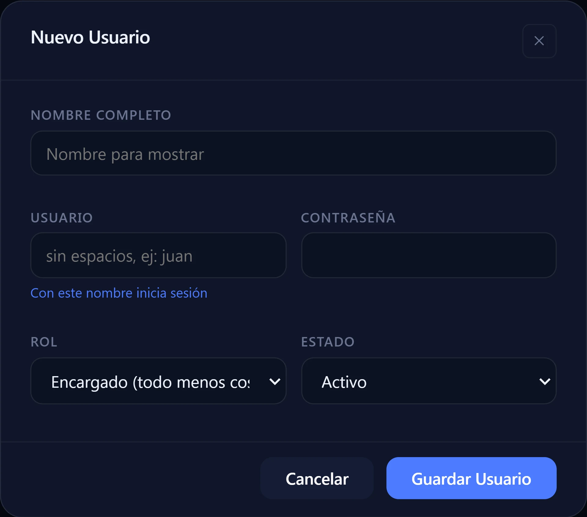 Formulario de usuario en RealDist con el rol Encargado: todo menos costos y ganancias